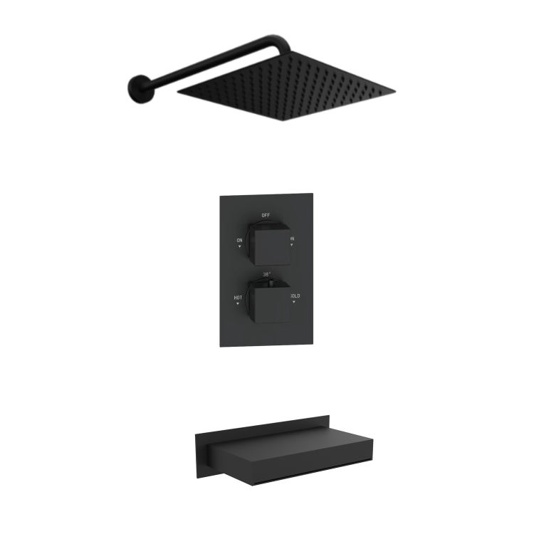 Black 2 Outlet Thermostatic Bath Mixer Shower Set With Waterfall Bath Filler Spout - Zana