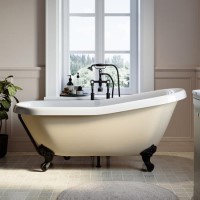 Beige Freestanding Single Ended Roll Top Slipper Bath with Black Feet 1615 x 690mm - Bowland