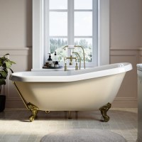 Beige Freestanding Single Ended Roll Top Slipper Bath with Brass Feet 1615 x 690mm - Bowland Beige Freestanding Single Ended Roll Top Slipper Bath with Brass Feet 1615 x 690mm - Bowland