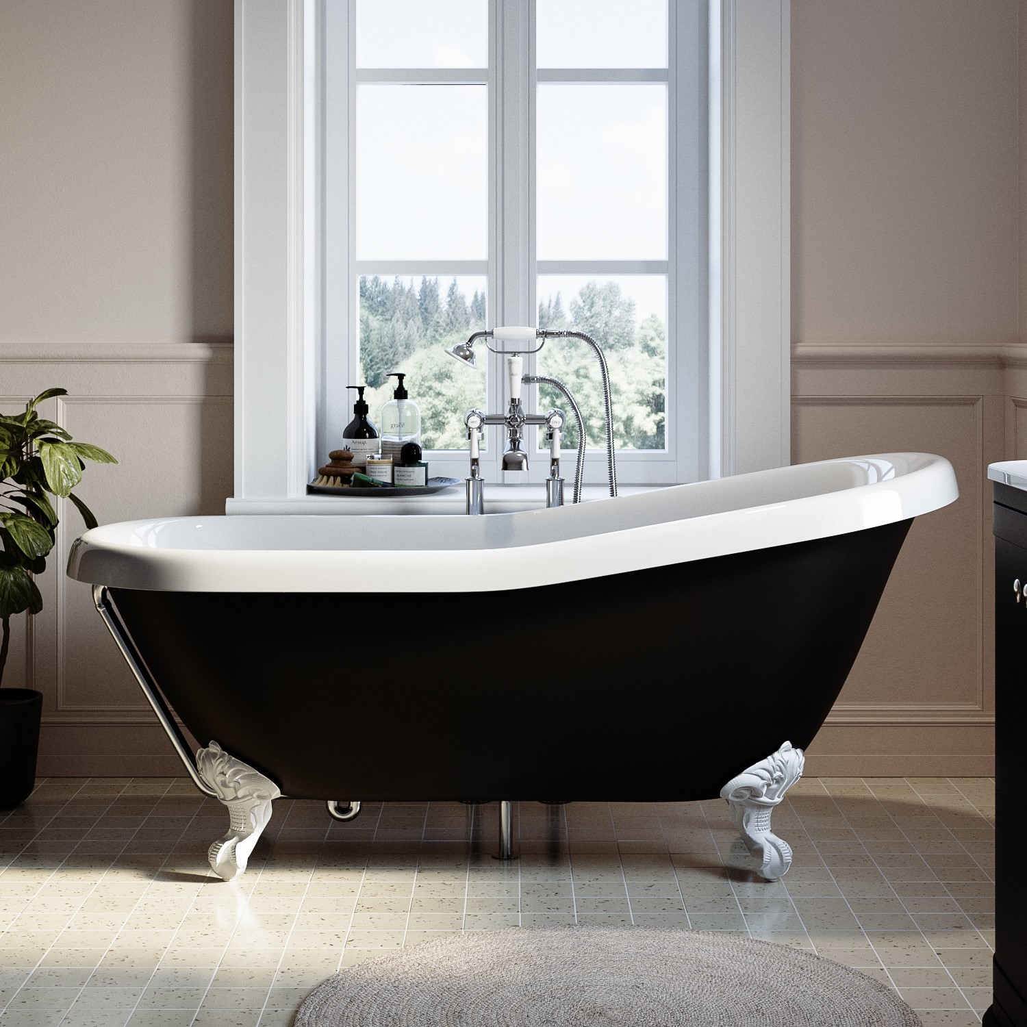 Freestanding Single Ended Roll Top Slipper Bath White Feet 1615 x 690mm
