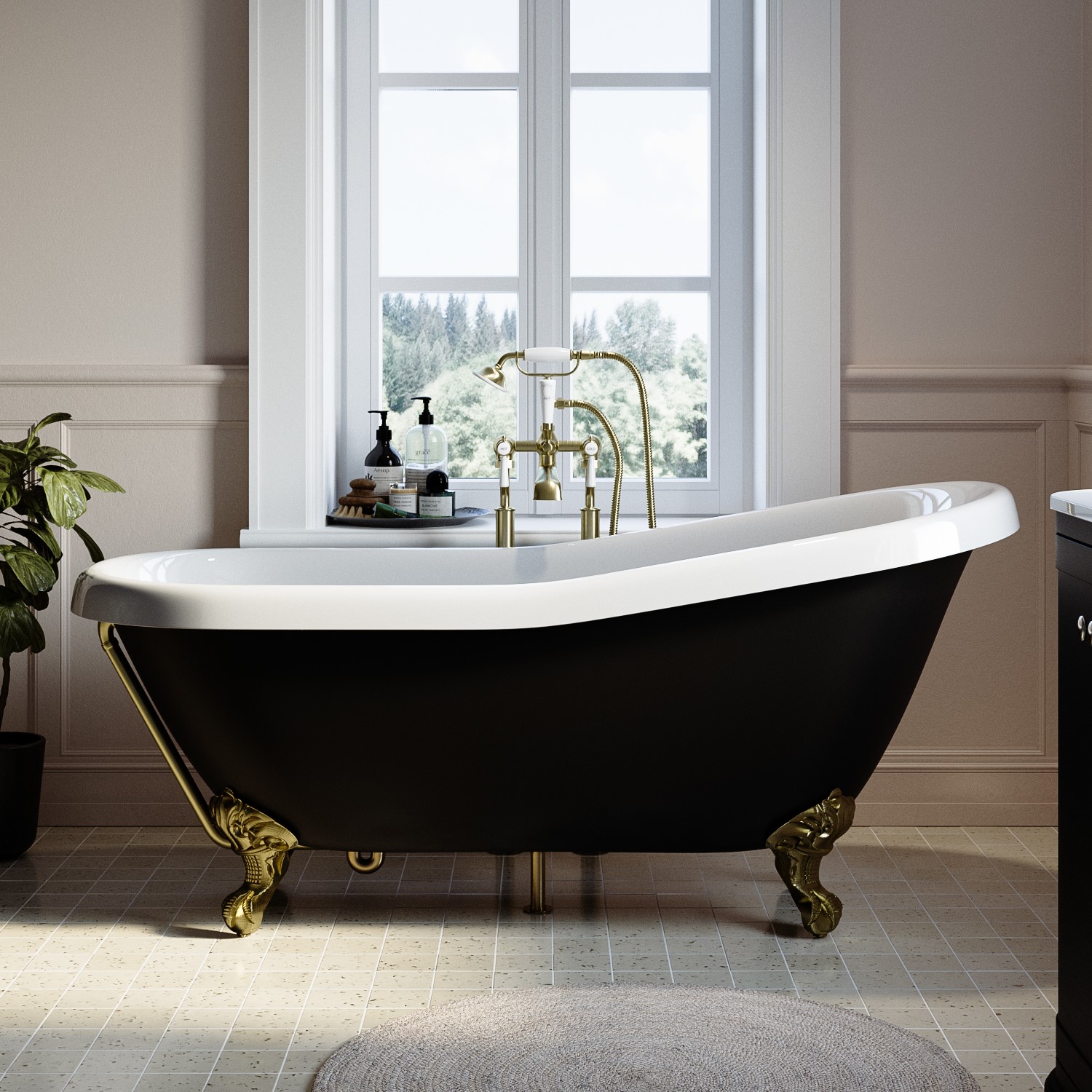 Black Freestanding Single Ended Roll Top Slipper Bath with Brass Feet 1615 x 690mm - Park Royal
