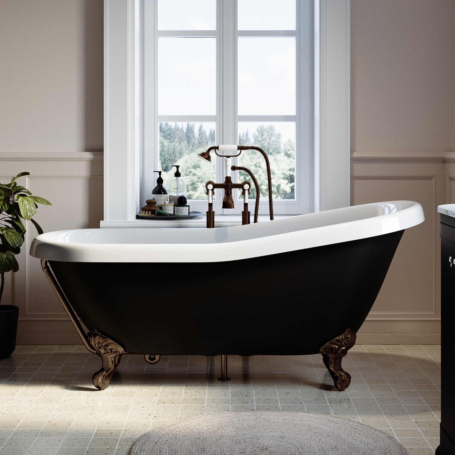 Freestanding Single Ended Roll Top Slipper Bath Bronze Feet 1615 x 690mm