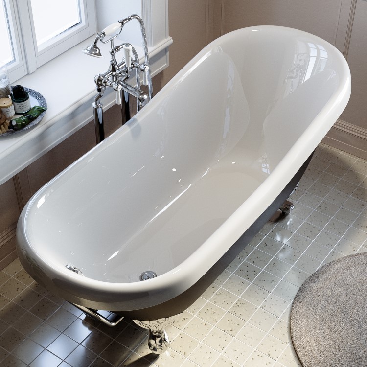 Black Freestanding Single Ended Roll Top Slipper Bath with Chrome Feet 1615 x 690mm - Park Royal