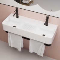 White Square Wall Hung Double Basin with Black Rack 800mm - Bowen White Square Wall Hung Double Basin with Black Rack 800mm - Bowen