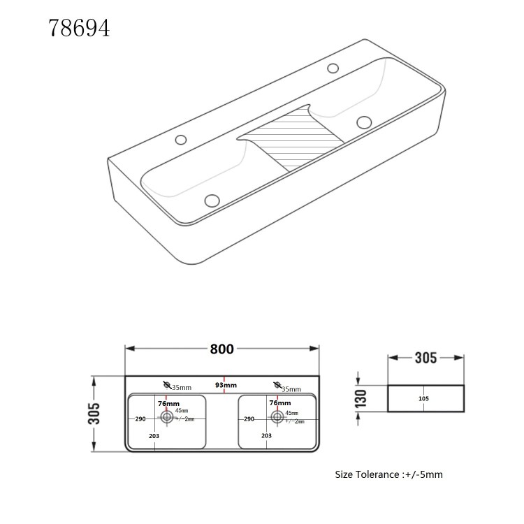 2 Tap Hole Double Basin with Brass Wash Stand 800mm - Bowen