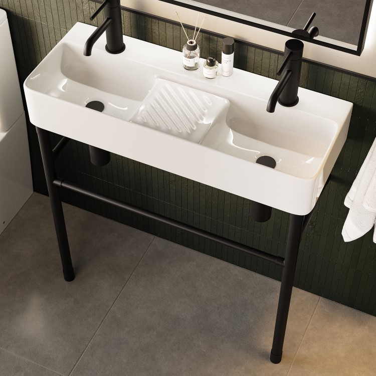 2 Tap Hole Double Basin with Black Wash Stand 800mm - Bowen