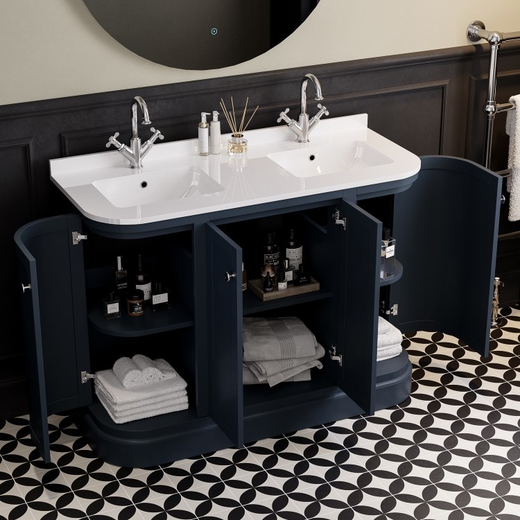 1200mm Blue Curved Freestanding Double Vanity Unit with Basins - Bowland