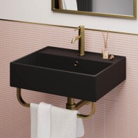 Matt Black Square Wall Hung Basin with Brass Rack 497mm - Bowen Matt Black Square Wall Hung Basin with Brass Rack 497mm - Bowen