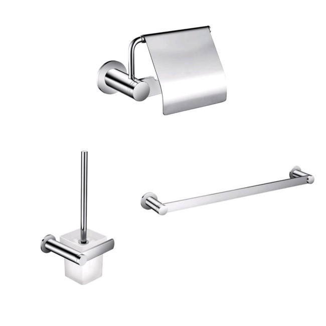 3 Piece Bathroom Accessory Pack - Paper Holder Towel Rail & Toilet Brush - Riverno Range