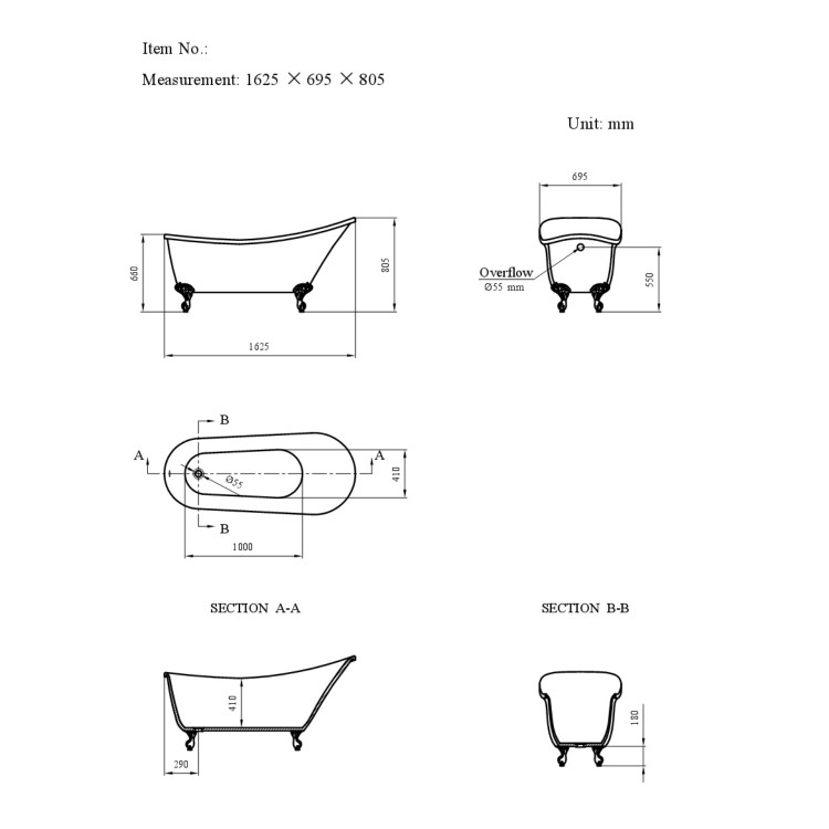 Lunar Traditional Black Freestanding Slipper Bath - 1620 x 730mm