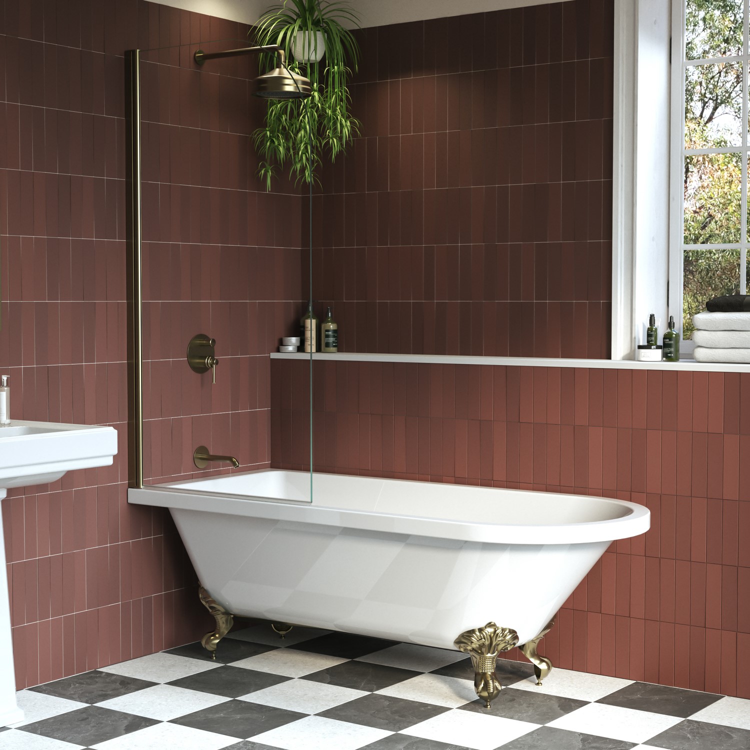 Park Royal White Freestanding Single Ended Shower Bath With Brushed Brass Screen & Feet 1670 X 740 Mm Size 166