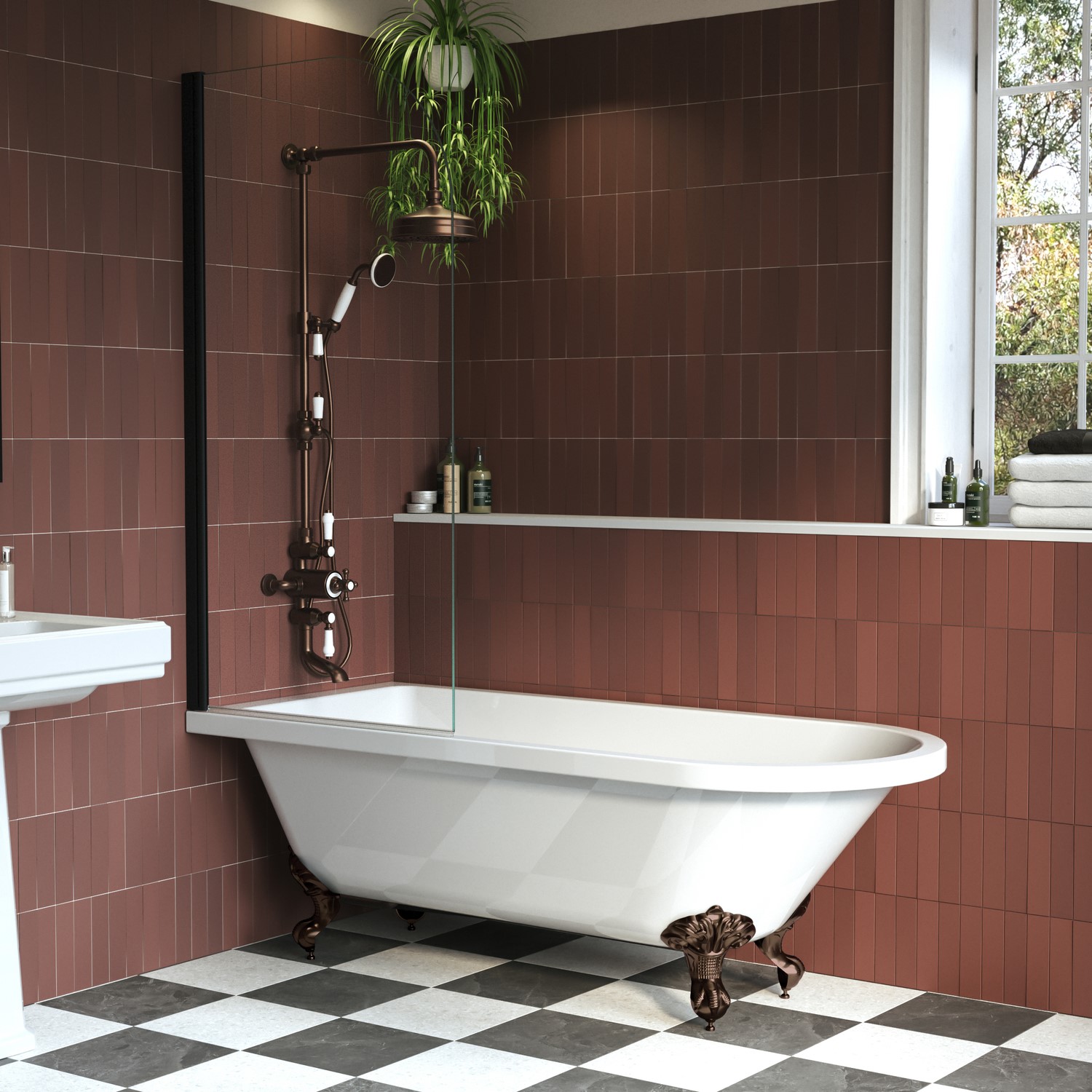 Freestanding Single Ended Shower Bath Screen & Bronze Feet 1670 x 740mm