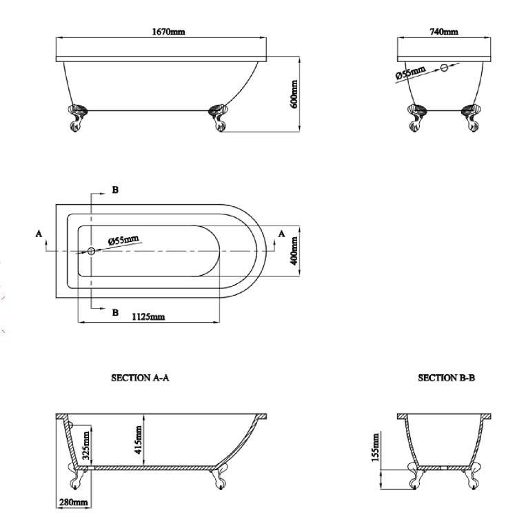 Freestanding Single Ended Shower Bath with Black Screen & Bronze Feet 1670 x 740mm - Park Royal