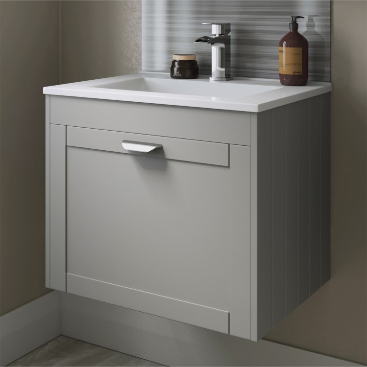 Nottingham 600mm Wall Hung Basin Vanity Unit Grey Single Drawer Modern Handle