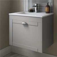 600mm Wall Hung Basin Vanity Unit - Grey Single Drawer Traditional Handle - Nottingham Range 