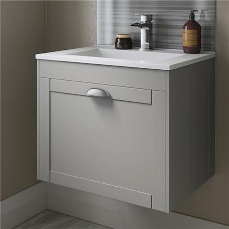 600mm Wall Hung Basin Vanity Unit - Grey Single Drawer Traditional Handle - Nottingham Range 
