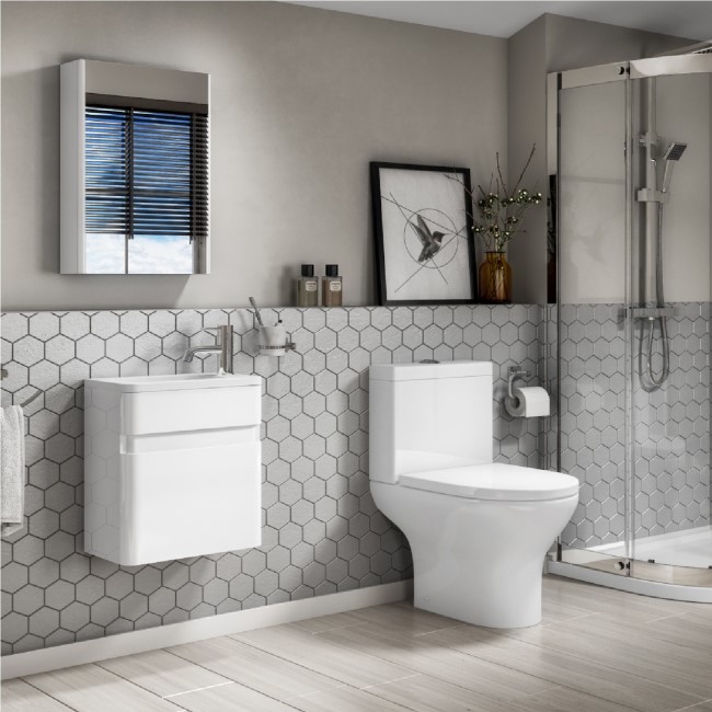 Close Coupled Toilet & White Gloss 410mm Vanity Basin Unit Suite - Portland
