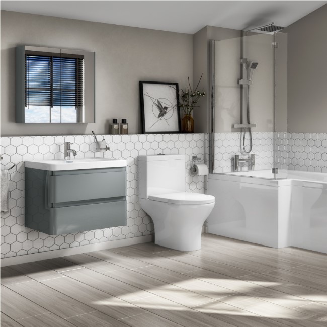 Portland 600 Wall Mounted Crisp Mist Gloss Vanity Unit with Portland Close Coupled Toilet Suite