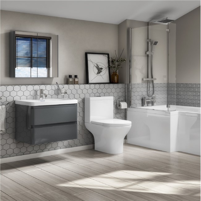 Portland 600 Wall Mounted Storm Grey Gloss Vanity Unit with Portland Close Coupled Toilet Suite