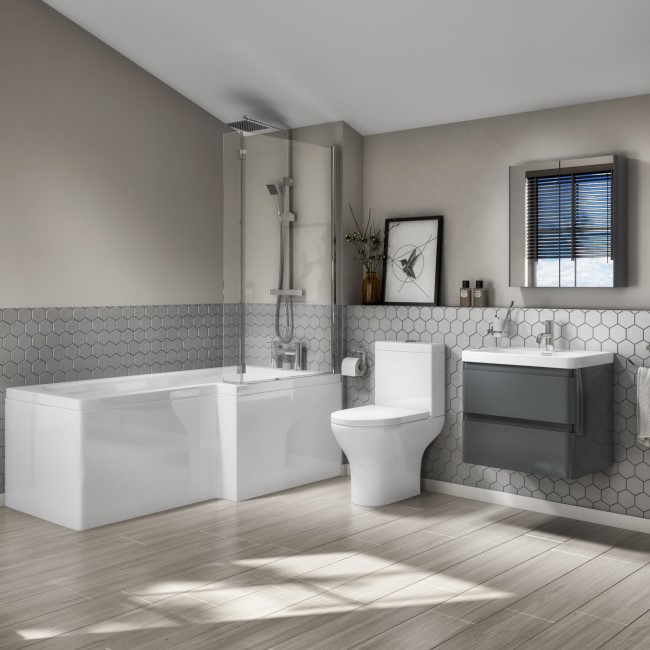 L Shaped Bath Suite with Toilet 600mm Dark Grey Wall Hung Vanity Unit Screen & Panel -Right Hand