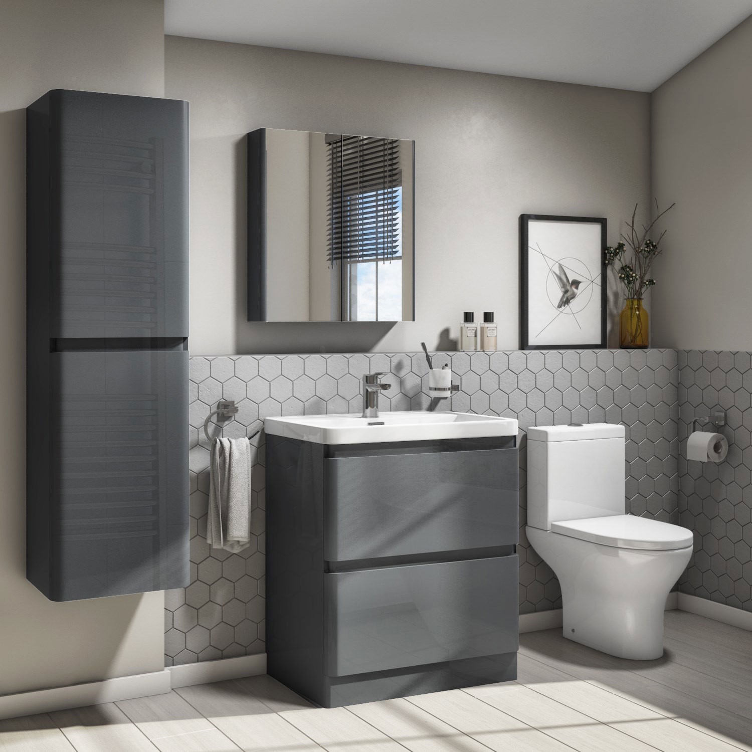 Dark Grey Basin Vanity Unit Floor Standing 800mm Bathroom Storage 2 ...
