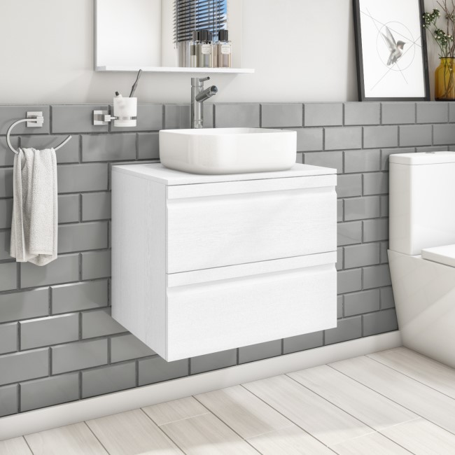 600mm White Wood Effect Wall Hung Countertop Vanity Unit with Basin - Boston