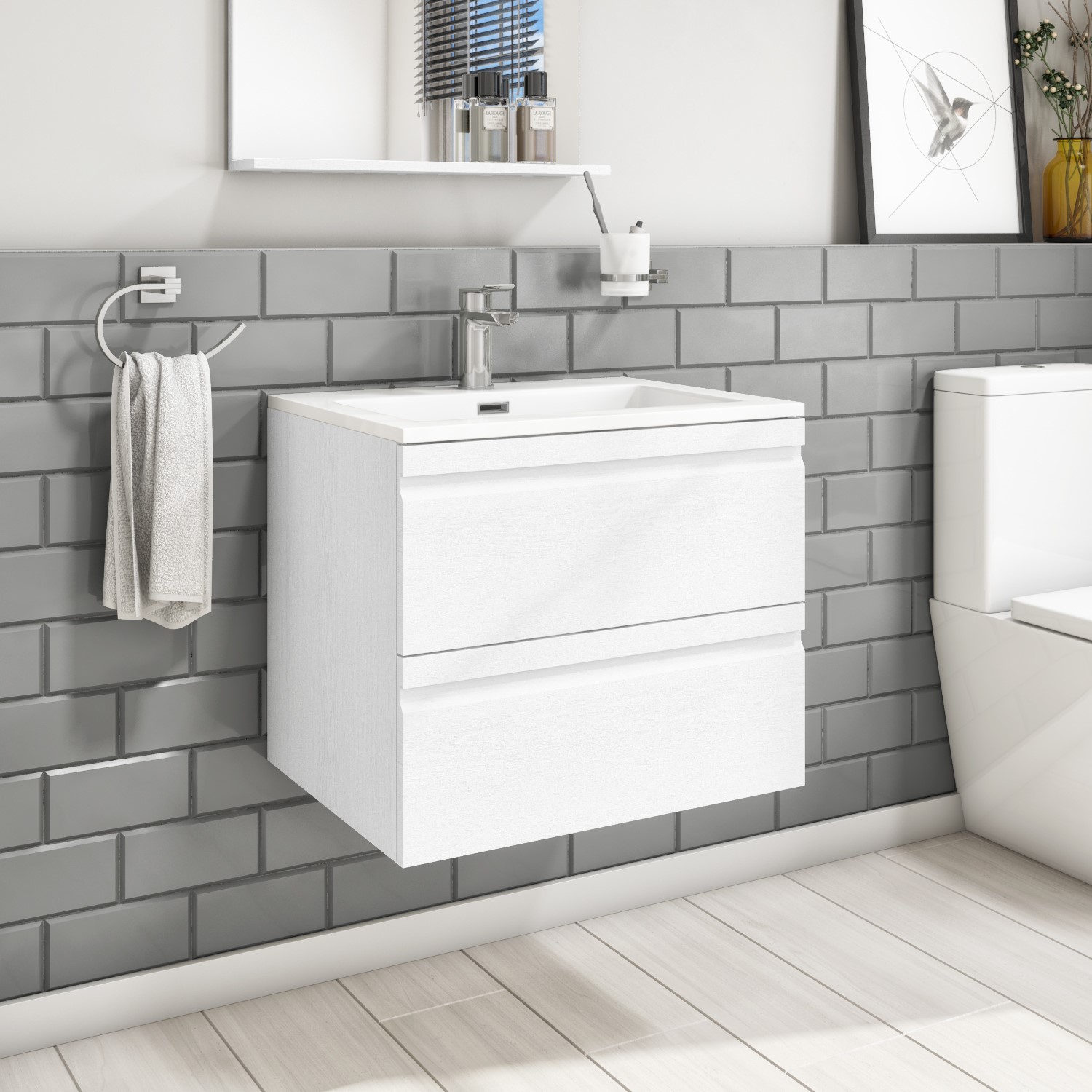 600mm White Wood Effect Wall Hung Vanity Unit with Basin - Boston