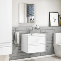 600mm White Wood Effect Wall Hung Vanity Unit and 600mm Mirror with Shelf - Boston