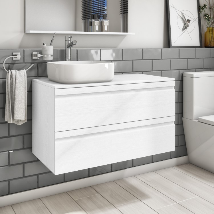 900mm White Wood Effect Wall Hung Countertop Vanity Unit with Basin - Boston