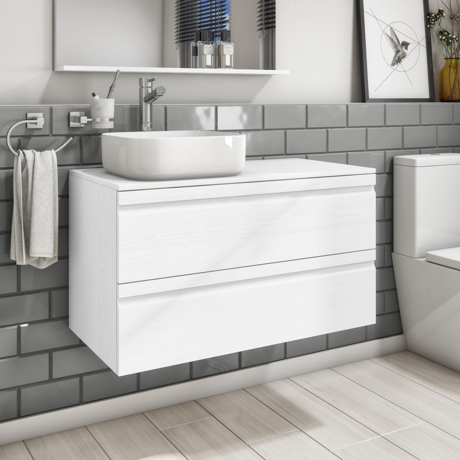 900mm White Wood Effect Wall Hung Countertop Vanity Unit with Basin - Boston
