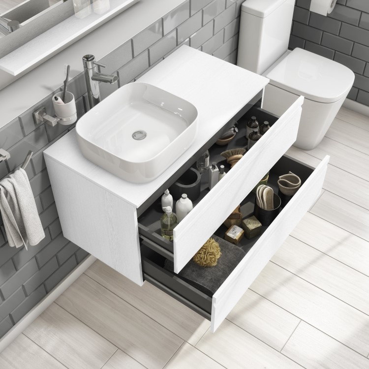900mm White Wood Effect Wall Hung Countertop Vanity Unit with Basin - Boston