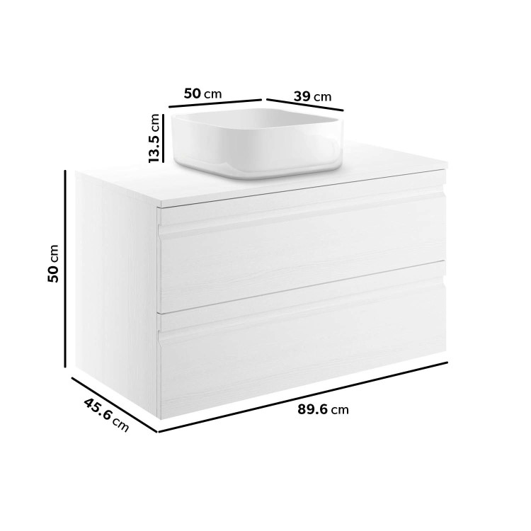 900mm White Wood Effect Wall Hung Countertop Vanity Unit with Basin - Boston