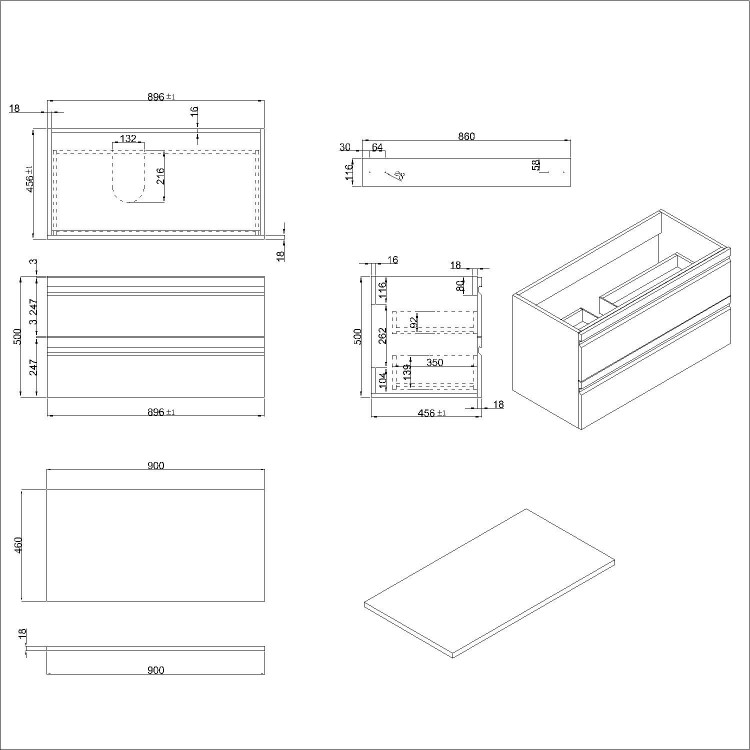 900mm White Wood Effect Wall Hung Countertop Vanity Unit with Basin - Boston