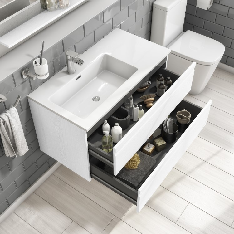 900mm White Wood Effect Wall Hung Vanity Unit with Basin - Boston