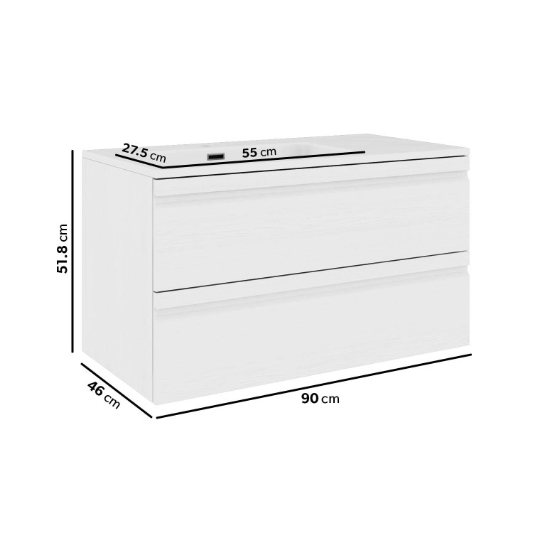 900mm White Wood Effect Wall Hung Vanity Unit with Basin - Boston