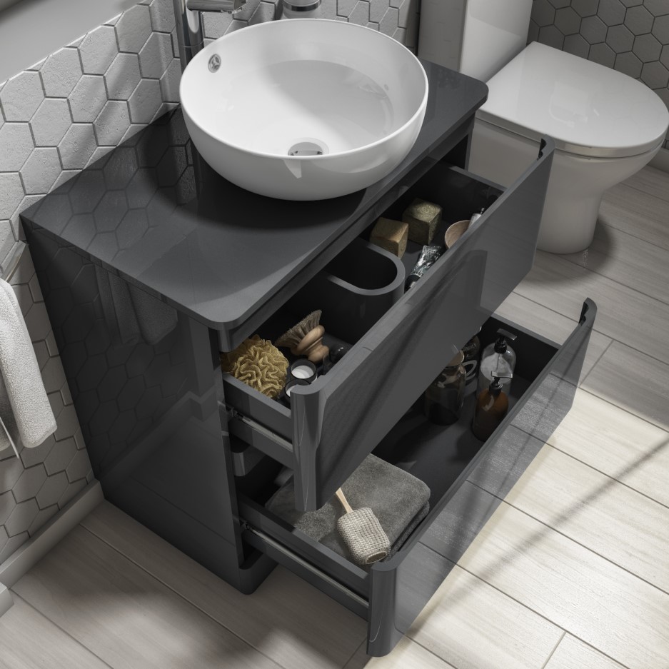 600mm Dark Grey Gloss Floorstanding Vanity Unit with 415mm Basin Portland Appliances Direct