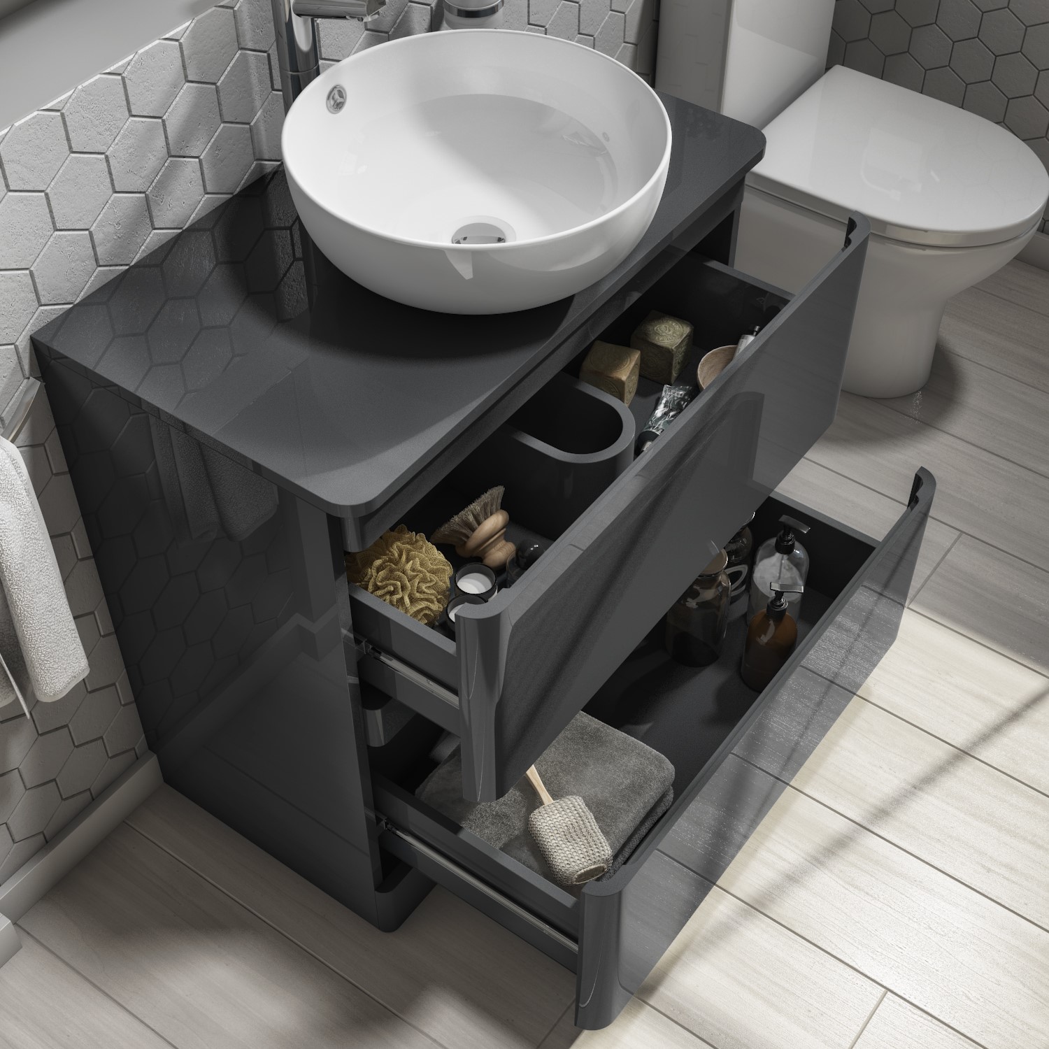 600mm Dark Grey Freestanding Countertop, Bowl Sink With Vanity Unit