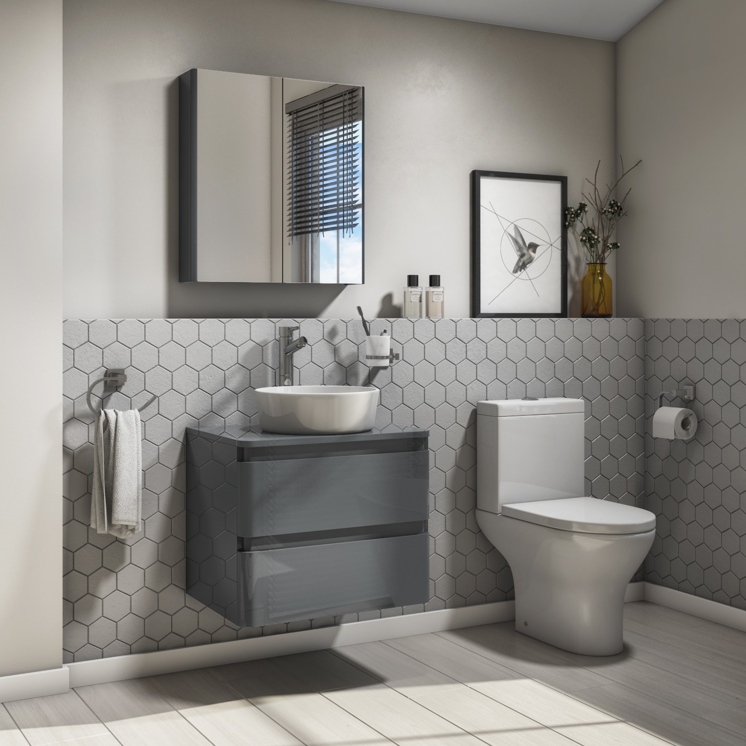 600mm Dark Grey Gloss Wall Hung Vanity Unit With 415mm Countertop