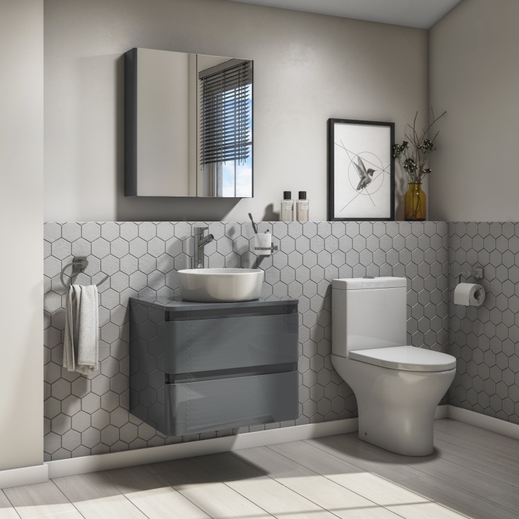 600mm Dark Grey Wall Hung Countertop Vanity Unit with Basin - Portland