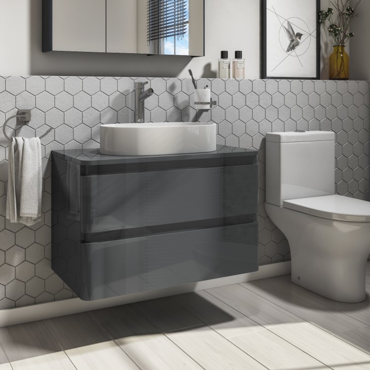 800mm Dark Grey Wall Hung Countertop Vanity Unit with Basin - Portland