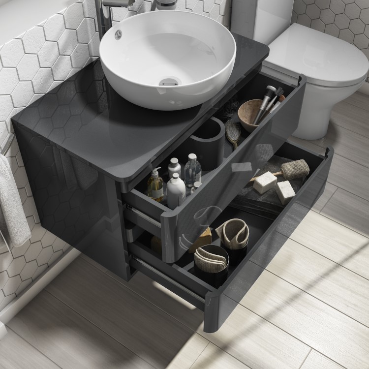 800mm Dark Grey Gloss Wall Hung 2 Drawer Countertop Vanity Unit  - Portland