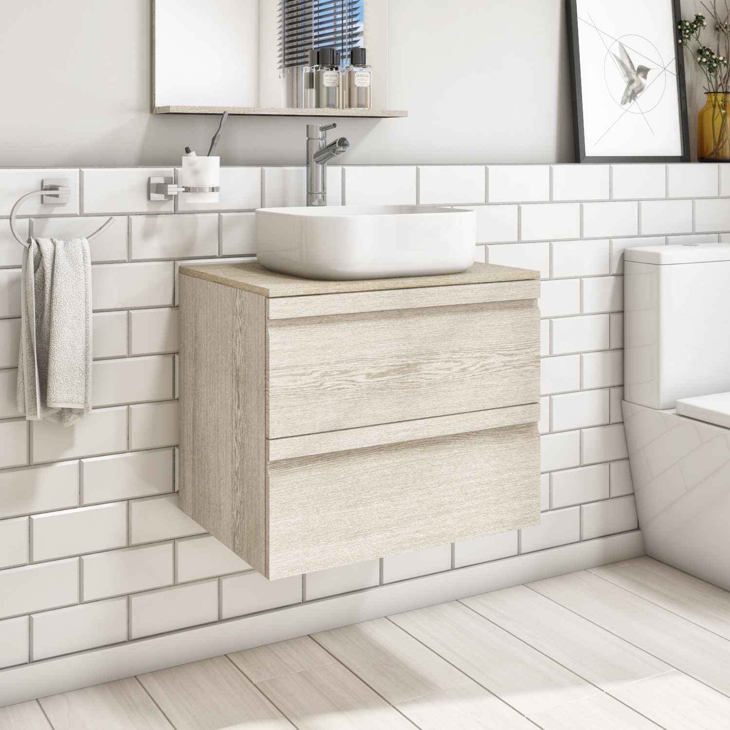 600mm Light Wood Effect Wall Hung Countertop Vanity Unit with Basin - Boston