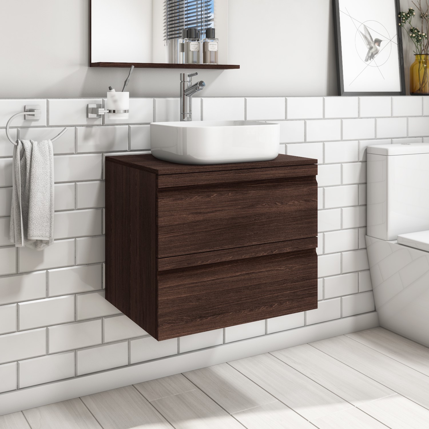 600mm Dark Wood Effect Wall Hung Countertop Vanity Unit with Basin - Boston