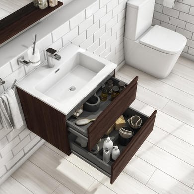 600mm Dark Oak Wall Hung Vanity Unit With Basin Boston Appliances Direct 600mm Dark Oak Wall Hung Vanity Unit, Dark Oak Double Vanity Unit