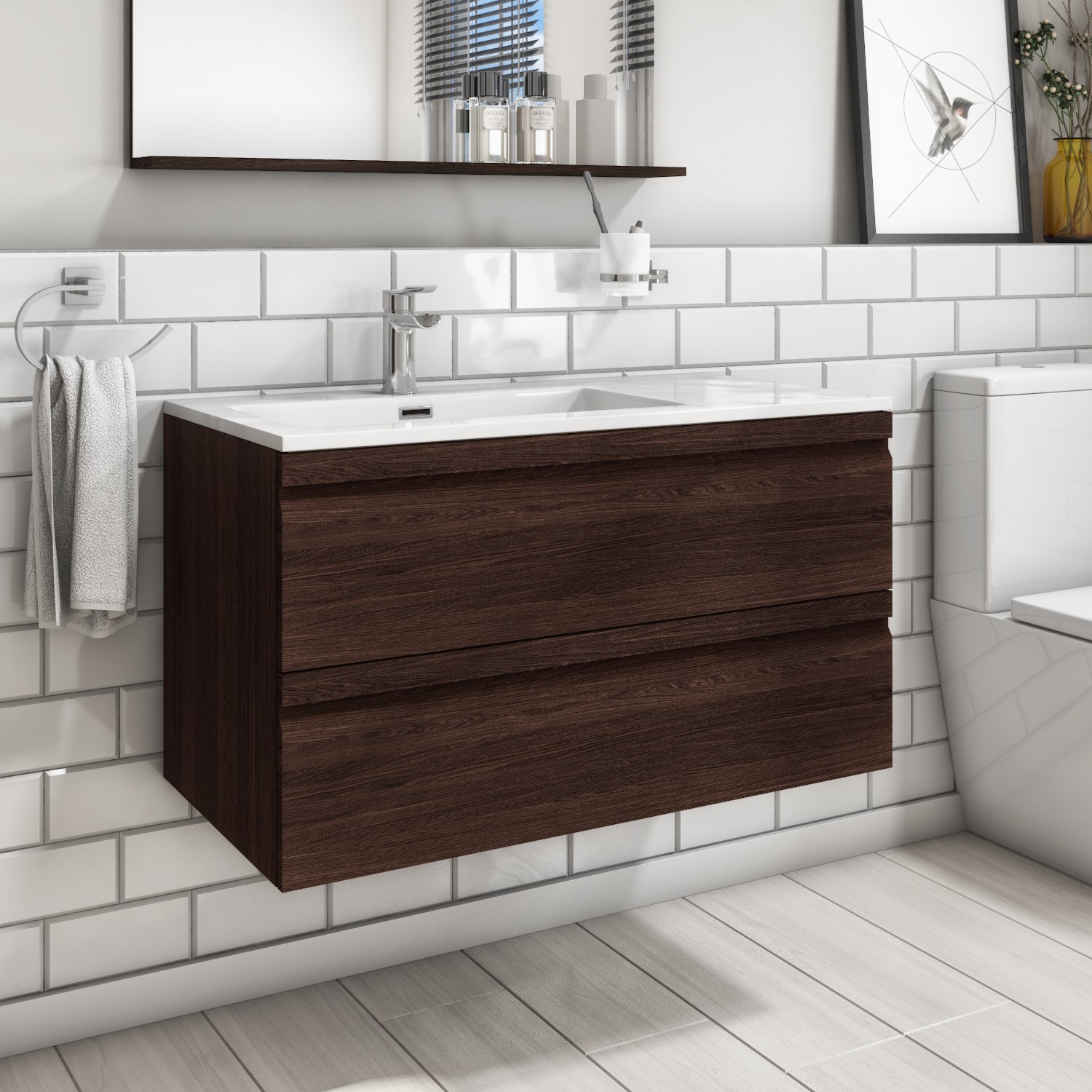 900mm Dark Wood Effect Wall Hung Vanity Unit with Basin - Boston