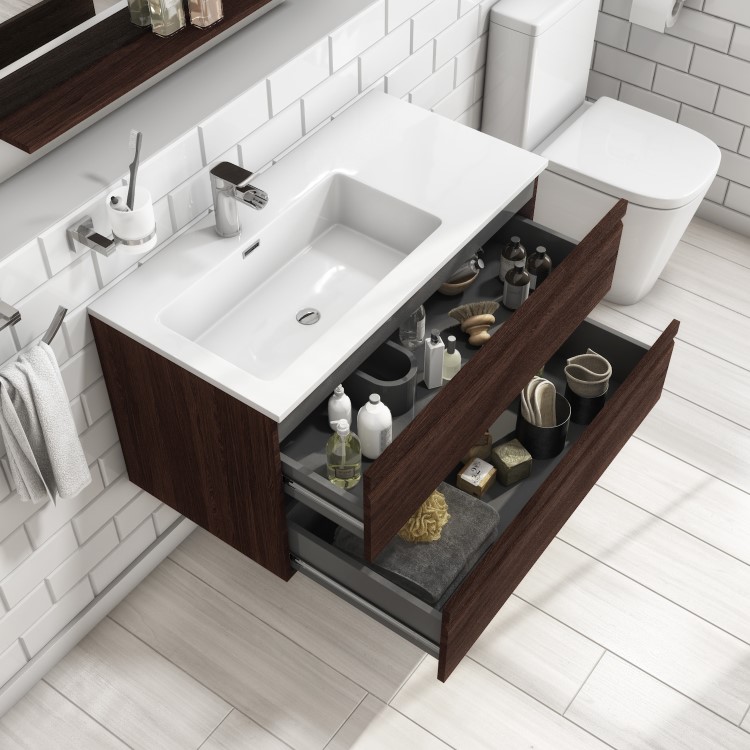 900mm Dark Wood Effect Wall Hung Vanity Unit with Basin - Boston