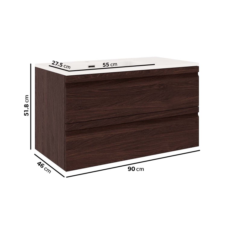 900mm Dark Wood Effect Wall Hung Vanity Unit with Basin - Boston