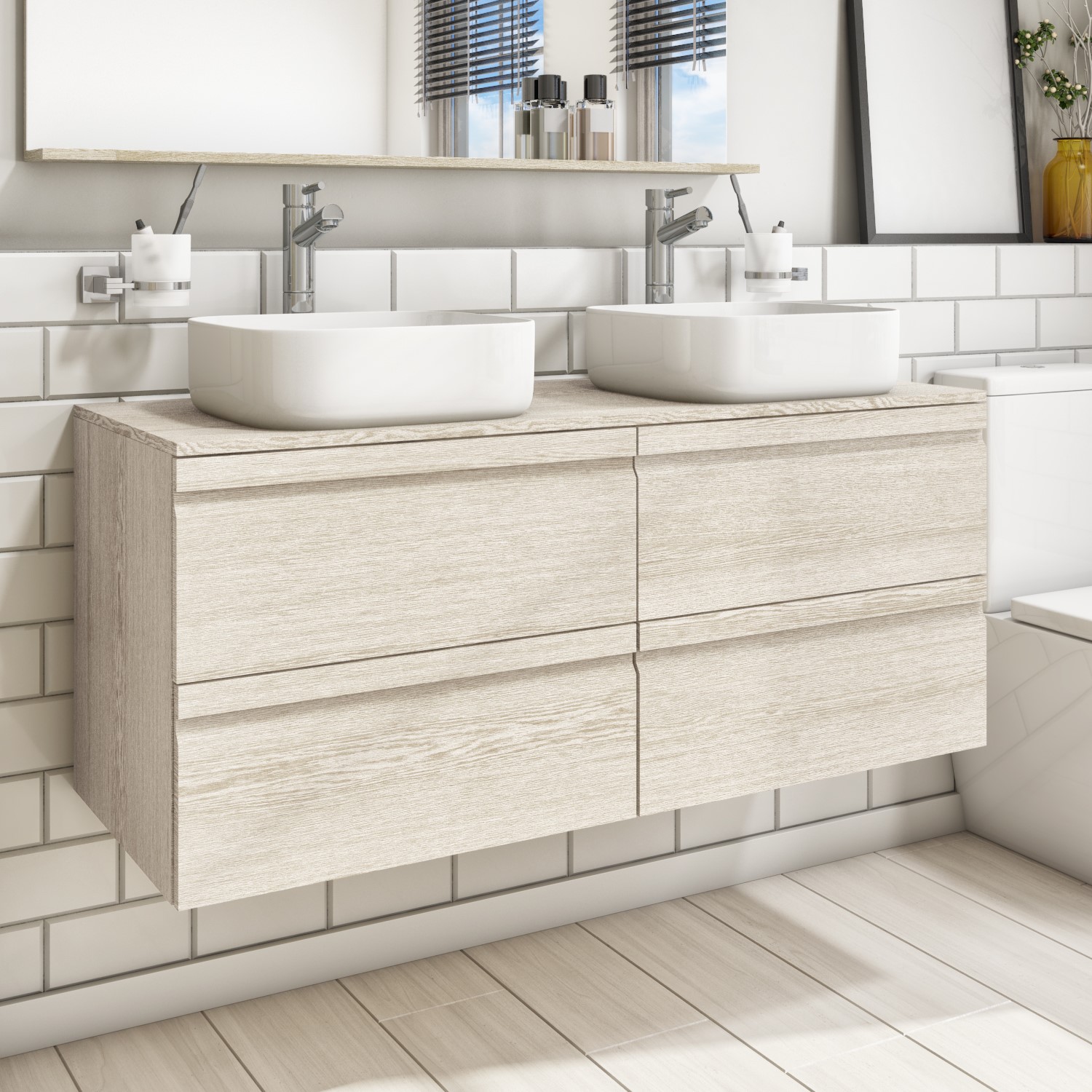 1200mm Light Wood Effect Wall Hung Countertop Double Vanity Unit with Basins - Boston