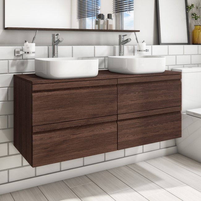 1200mm Dark Wood Effect Wall Hung Countertop Double Vanity Unit with Basins - Boston