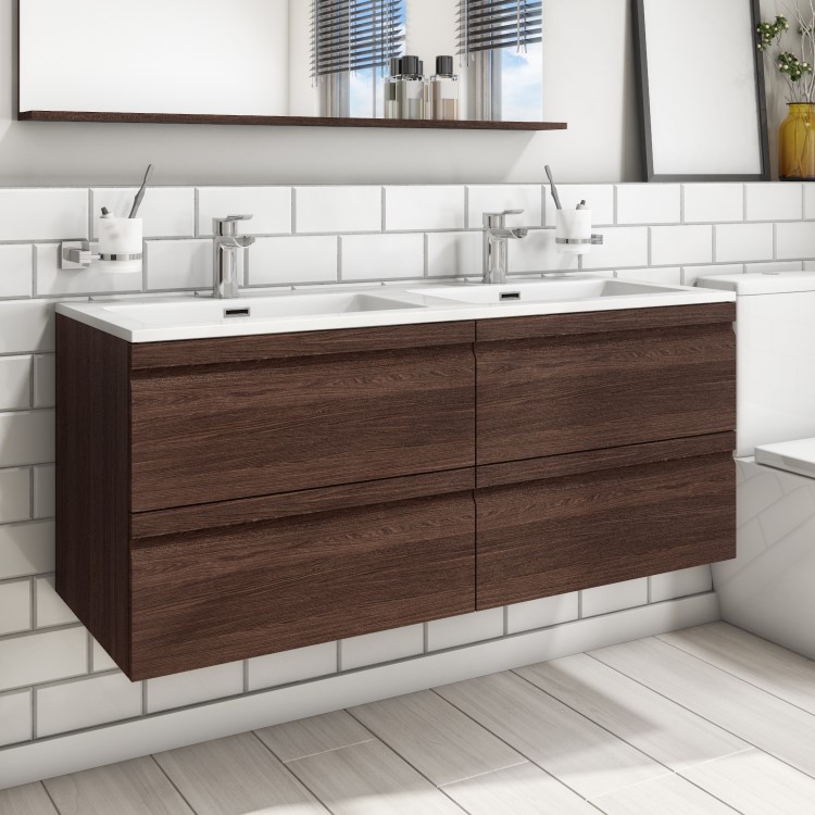 1200mm Dark Wood Effect Wall Hung Double Vanity Unit with Basin - Boston